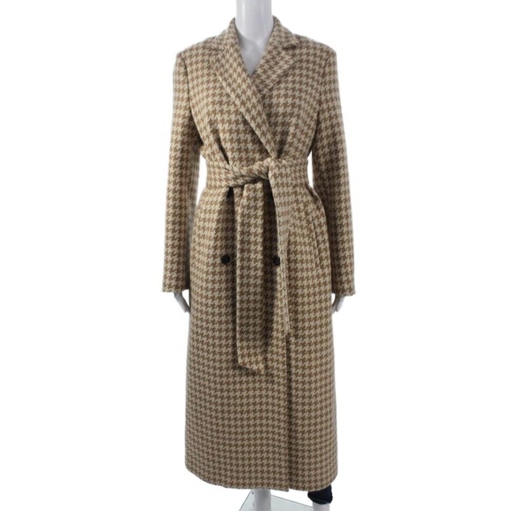 Kiton Women Overcoat Brown Cashmere Check Tie Long Sleeve Size 44